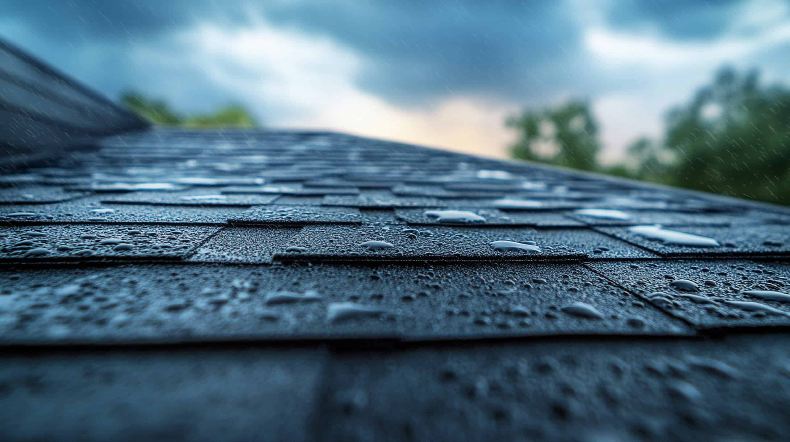 Close-up of wet asphalt roof shingles on a residential roofing system, with raindrops glistening and a cloudy sky and blurred green trees in the background.