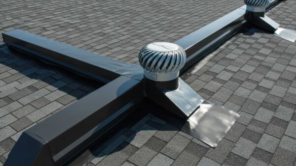 Close-up of a rooftop with gray asphalt shingles, featuring metal ventilation ducts and turbine vents installed at intersections—a great example of durable residential roofing.
