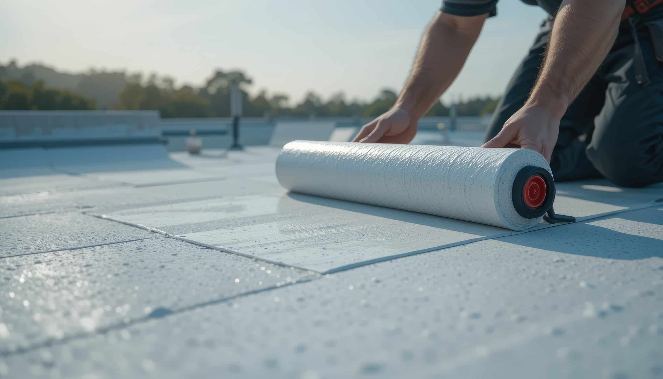 A person unrolls a white waterproof membrane onto a flat rooftop during a commercial roofing installation on a sunny day.