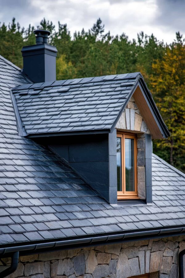 Close-up of a house roof with dark gray slate tiles, a stone dormer, a small wooden-framed window, and a chimney, showcasing Barnett Roofing’s craftsmanship, with trees in the background.