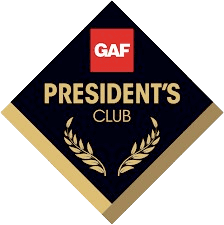 A diamond-shaped GAF President's Club logo featuring gold text, laurel branches, a red GAF square at the top, and a nod to Barnett Roofing's excellence in roofing and metal roofing craftsmanship.