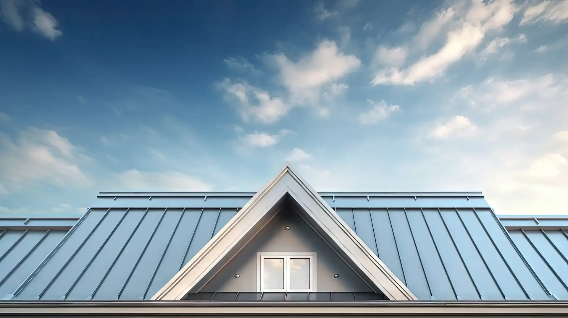 A modern metal roofing design features a triangular dormer window, standing out against a blue sky with scattered clouds—a stylish choice for residential roofing.