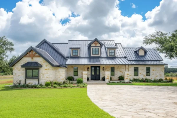 A modern farmhouse with light stone exterior, black metal roof by Barnett Roofing, three dormer windows, and a curved driveway, set on a grassy lawn under a partly cloudy sky.