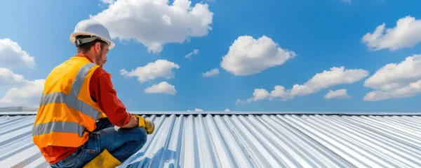 A construction worker in safety gear sits on a metal roofing structure under a blue sky with scattered clouds, representing Barnett Roofing’s commitment to quality.