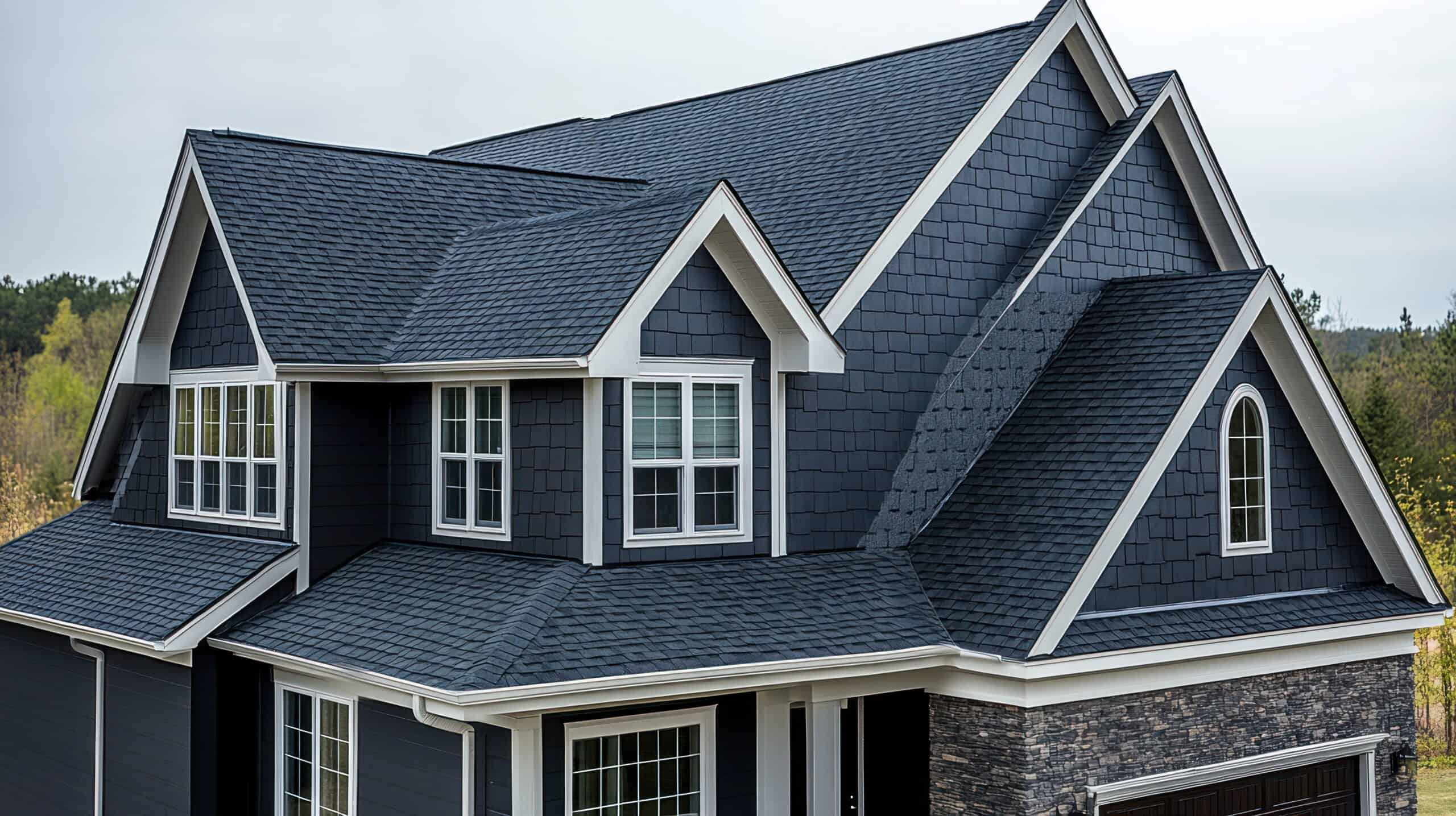 Modern two-story house with dark gray shingles from Barnett Roofing, white trim, multiple gables, and large windows set against a cloudy sky.