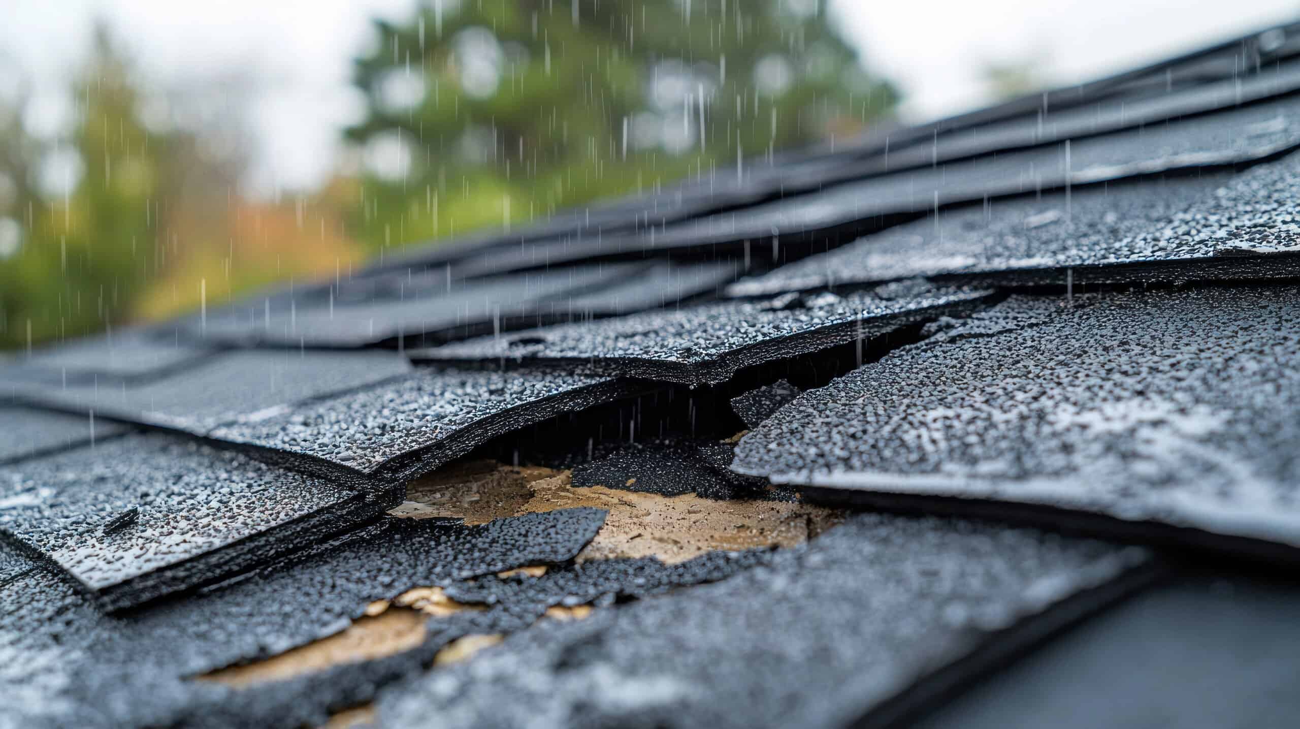 Close-up of a damaged asphalt shingle roof with missing and broken shingles, exposing the underlying material during rainfall—a clear sign it's time to call Barnett Roofing for expert roofing solutions.