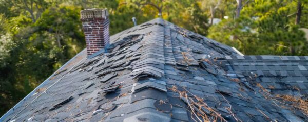 Close-up view of a house roof with damaged and missing shingles, scattered pine needles, and a brick chimney, surrounded by trees—a challenge Barnett Roofing can solve for your residential roofing needs.