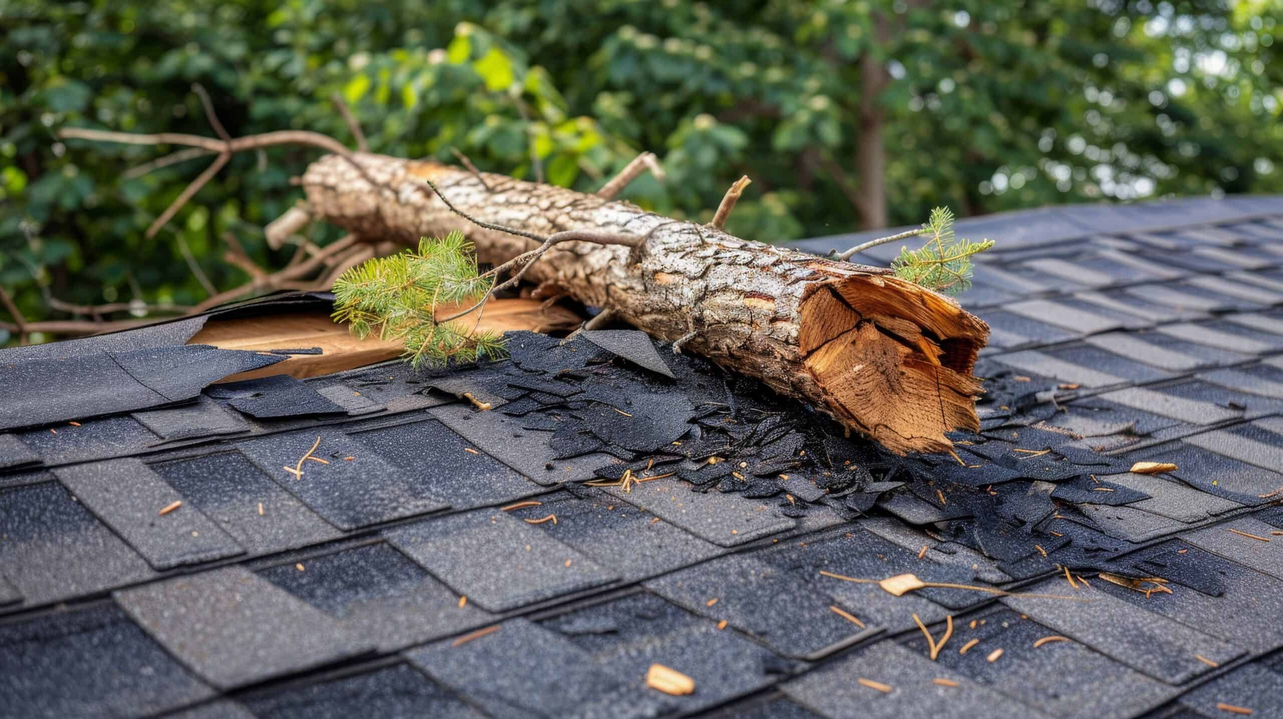 A broken tree branch has fallen onto a shingled roof, causing visible damage to the shingles and roof structure. Green trees are in the background, highlighting the need for expert residential roofing from Barnett Roofing.